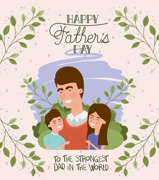 Happy fathers day card with dad and kids — Stock Vector