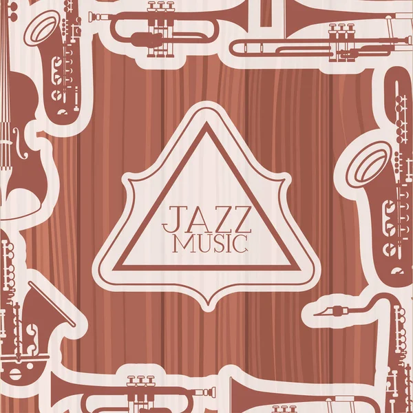 Marco de día de jazz con instrumentos y fondo de madera — Vector de stock