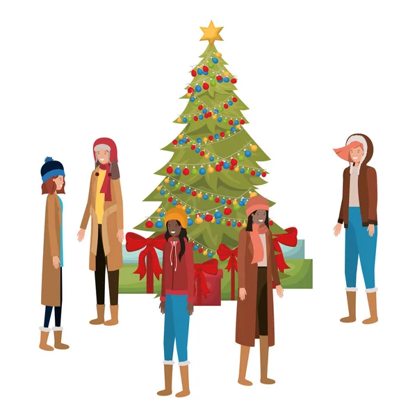 Vrouwen met kerstboom en geschenken avatar — Stockvector
