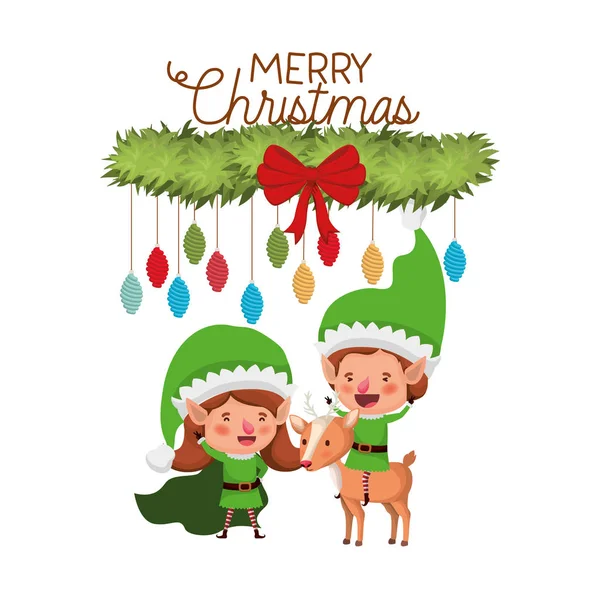 Pareja de elfos con trineo y feliz Navidad — Vector de stock