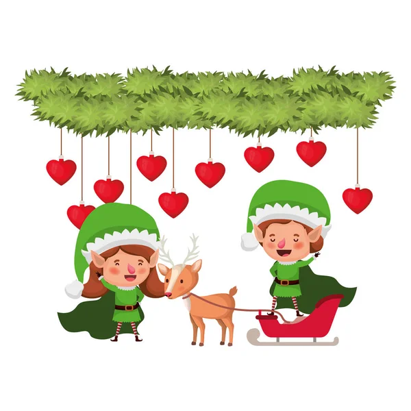 Elves couple with sleigh and reindeer sleigh avatar chatacter — Stock Vector