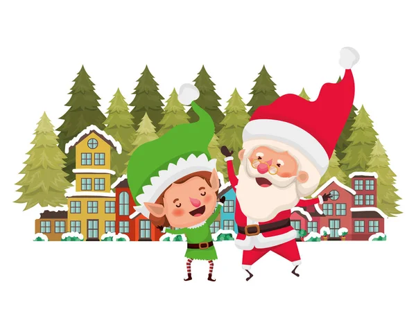 Neighborhood with pine trees and santa claus with elf — Stock Vector