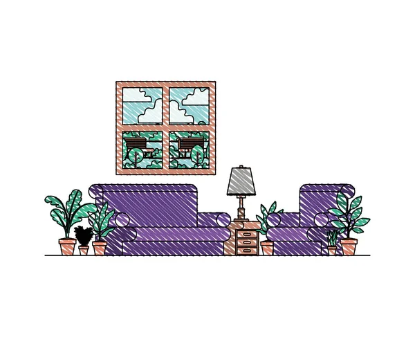 Σαλόνι με φυτά εσωτερικού χώρου και παράθυρο — Διανυσματικό Αρχείο