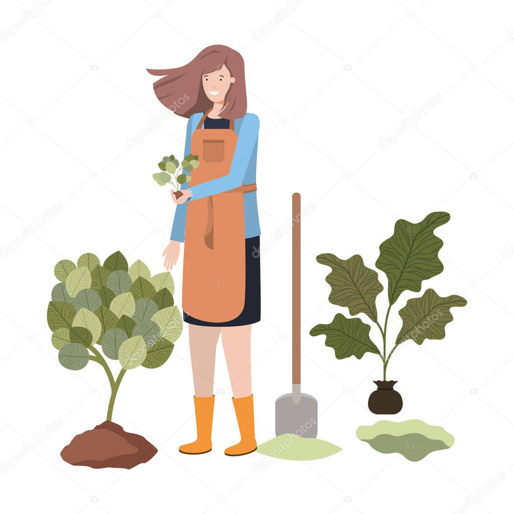 young woman gardener with plant avatar character