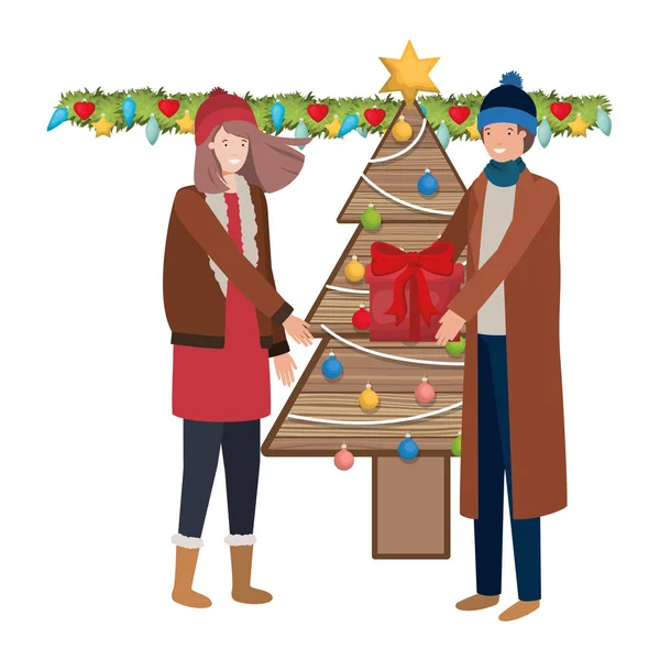 Paar met kerstboom en geschenken avatar karakter — Stockvector