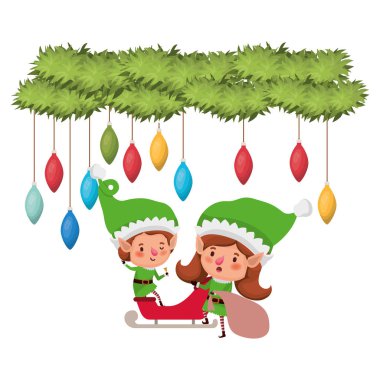 noel topları ile kızak ve çelenk ile elfler çift