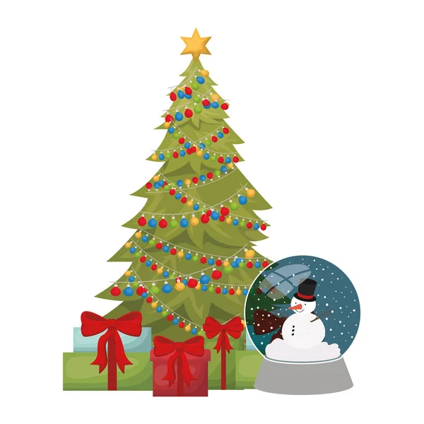 Kerstboom met sneeuw man in kristallen bol geïsoleerd pictogram — Stockvector