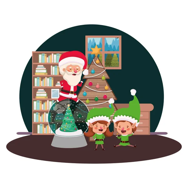Párek elfů a Santa Clause s vánočním stromku — Stockový vektor