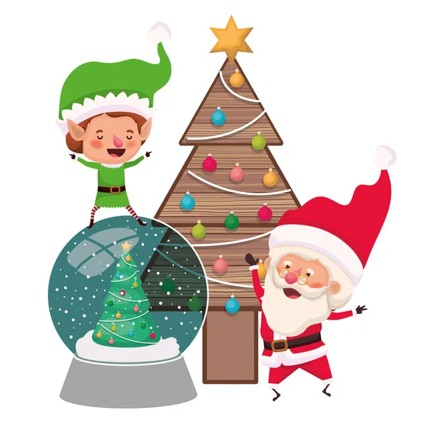 Santa claus e elfo com árvore de natal — Vetor de Stock
