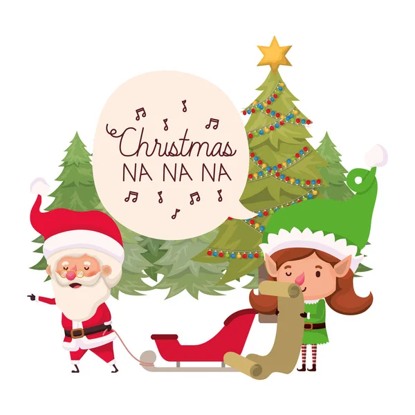 Jultomten och Elf kvinnan med julgran — Stock vektor