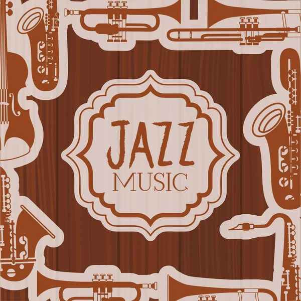 楽器と木製の背景を持つジャズデイフレーム — ストックベクタ