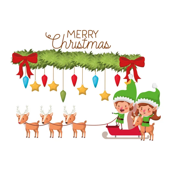 Elves couple with reindeer and merry christmas time — Stock Vector