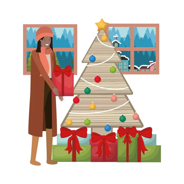 Woman with christmas tree and landscape view — 스톡 벡터