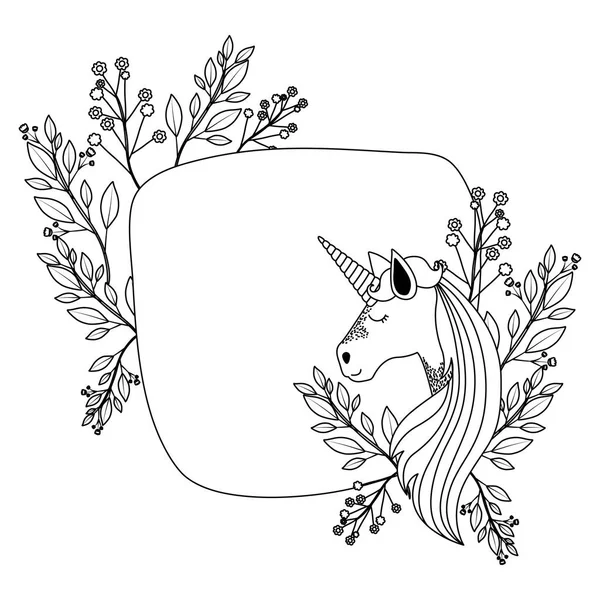 Dekoratif bingkai dengan unicorn dan bunga - Stok Vektor