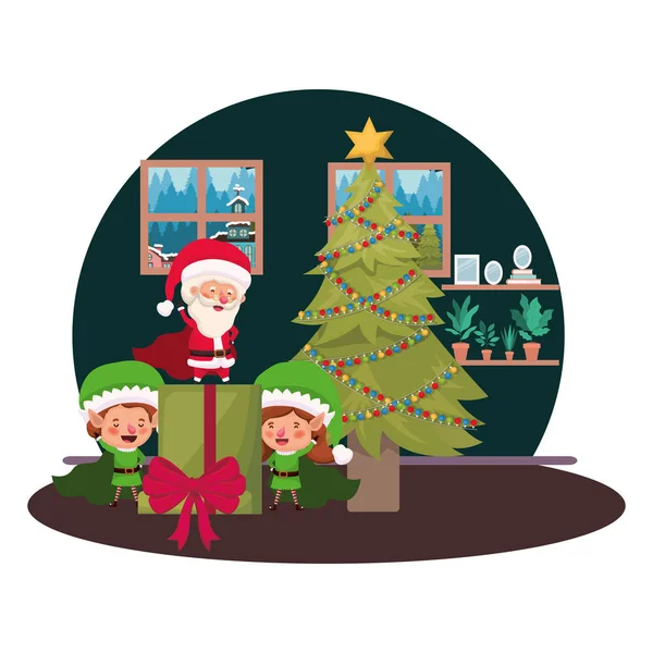 Casal de elfos e santa claus com árvore de natal —  Vetores de Stock