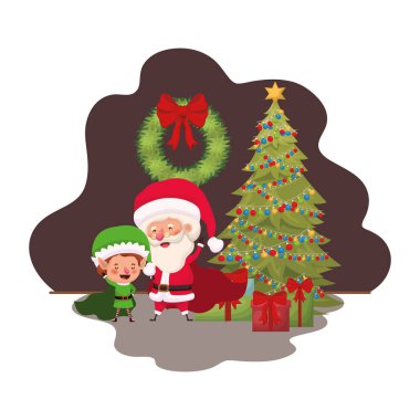 noel ağacı ve hediyeler ile noel baba ve elf