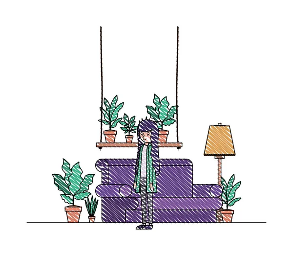 Frau im Wohnzimmer mit Zimmerpflanzen-Szene — Stockvektor