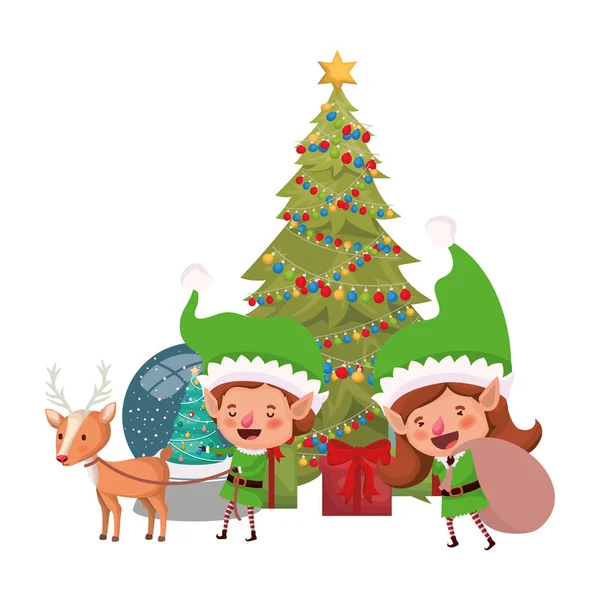 Pareja de elfos con árbol de Navidad — Vector de stock