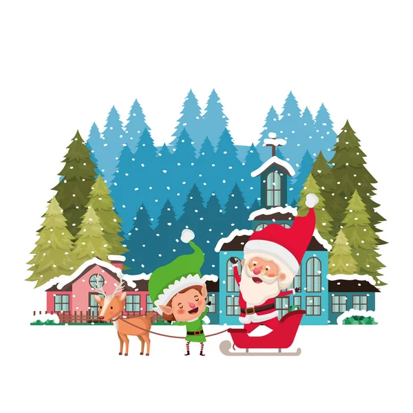 Kızak içinde elf ile çam ağaçları ve noel baba ile mahalle — Stok Vektör