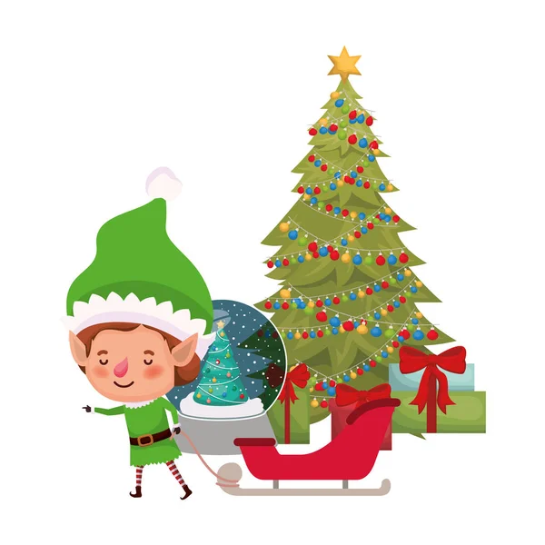 精灵与雪橇和圣诞树头像字符 — 图库矢量图片
