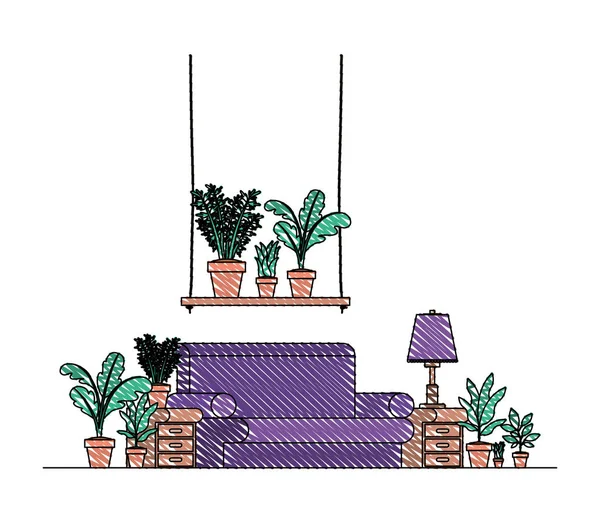 Vardagsrum med krukväxter scen — Stock vektor