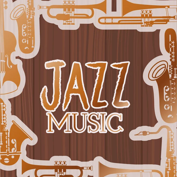Poste de día de jazz con instrumentos y fondo de madera — Vector de stock