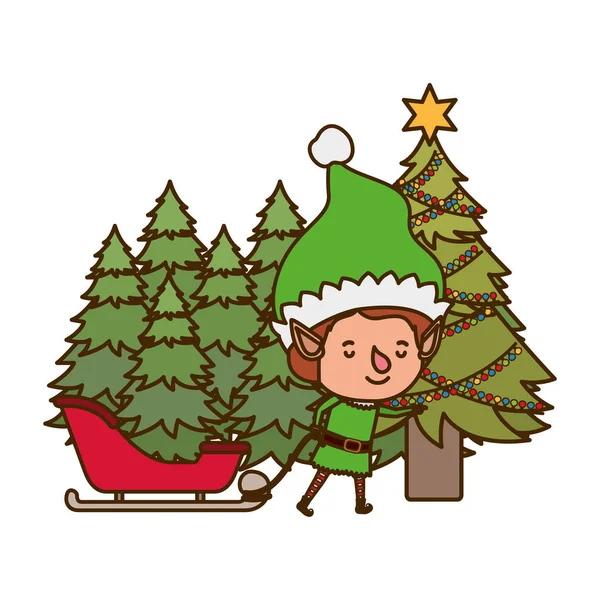 Elfe mit Schlitten und Weihnachtsbaum-Avatar-Charakter — Stockvektor