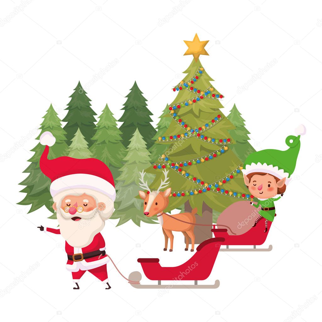 santa claus and elf with christmas tree