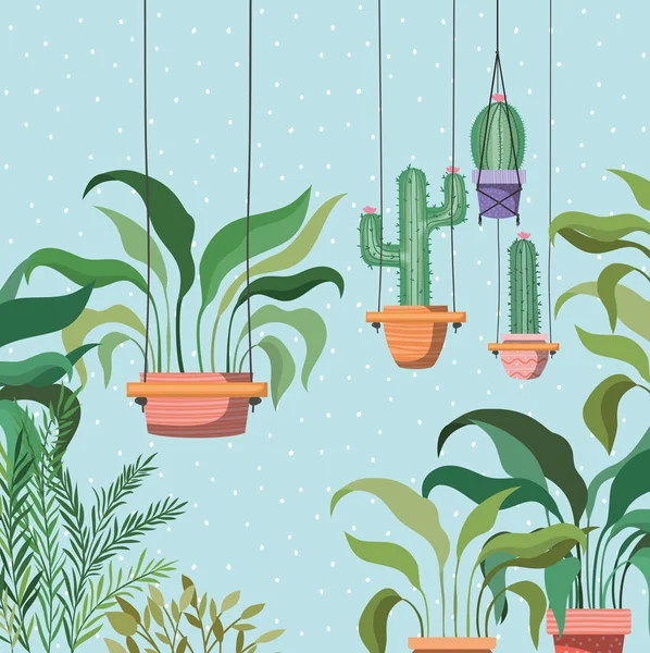 Plantes d'intérieur dans les cintres macramé scène de jardin — Image vectorielle