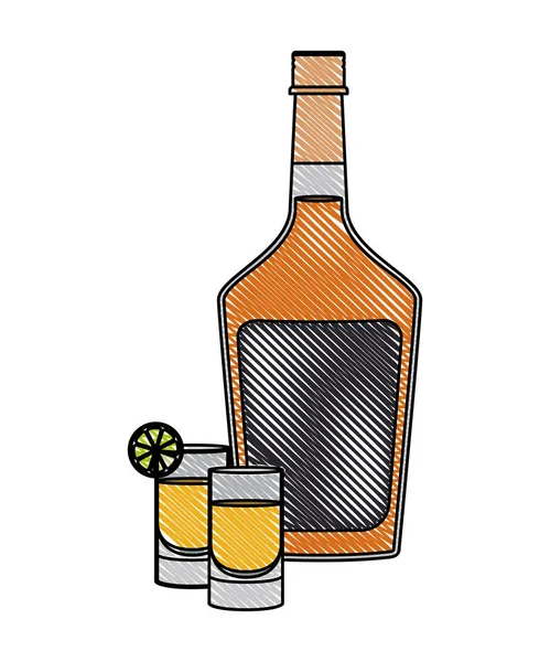 Cocktail en verre avec fruits et bouteille — Image vectorielle