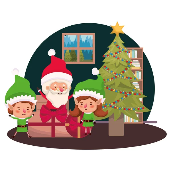 Couple of elves and santa claus with christmas tree — Stock Vector