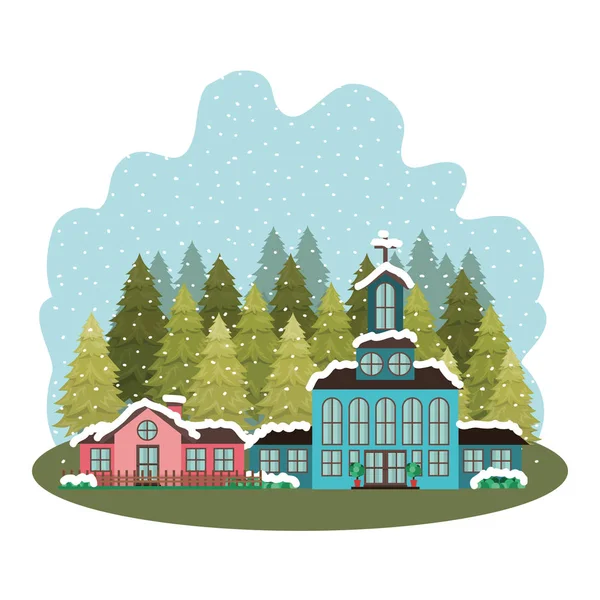 Iglesia en el barrio con pinos cayendo carácter avatar nieve — Vector de stock