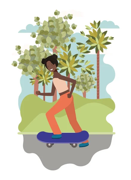 Черная женщина практикует скейтбординг в парке — стоковый вектор
