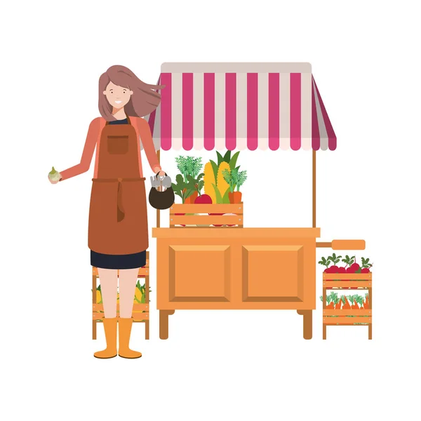 Vegetable seller woman with kiosk isolated icon — 图库矢量图片