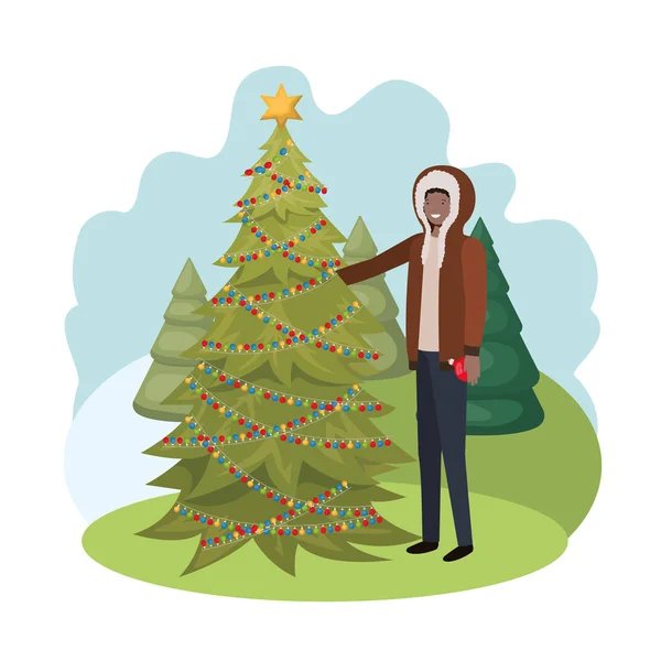 Άνθρωπος με χριστουγεννιάτικο δέντρο σε τοπίο — Διανυσματικό Αρχείο