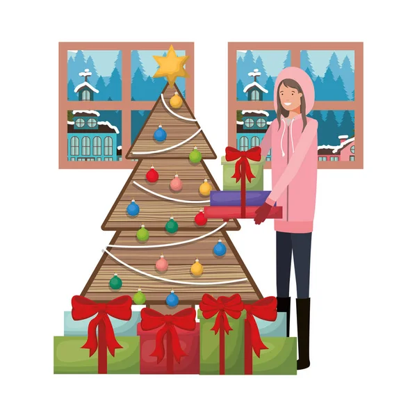 Nő karácsonyfa és tájkép — Stock Vector