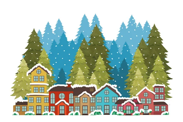 Barrio con pinos e ícono aislado de nieve — Vector de stock