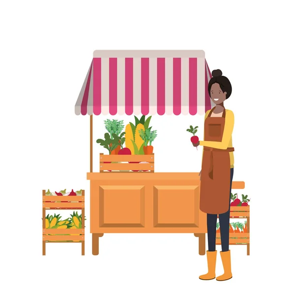 Vegetable seller woman with kiosk isolated icon — Stock Vector