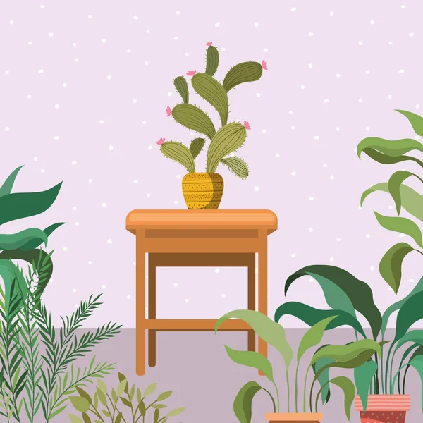 Plantas de interior en escena de jardín silla de madera — Vector de stock