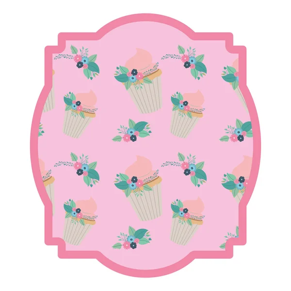 Cadre élégant avec des fleurs et motif cupcake — Image vectorielle