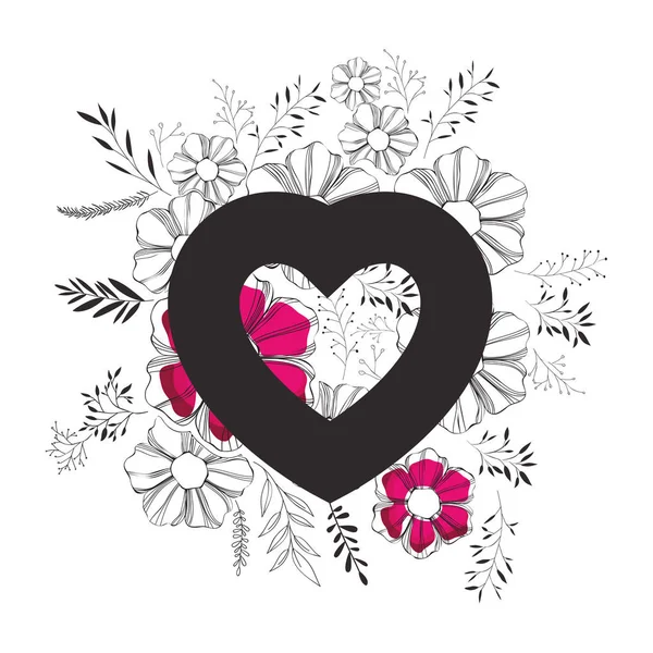 Amor de corazón con decoración floral — Vector de stock