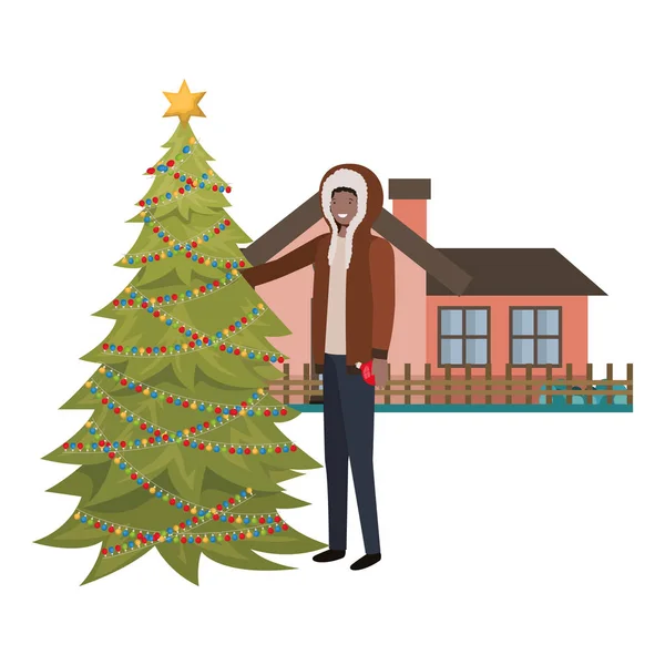 Muž s vánočním stromem mimo dům — Stockový vektor