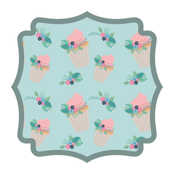 Elegant frame with flowers and cupcake pattern — Stock Vector