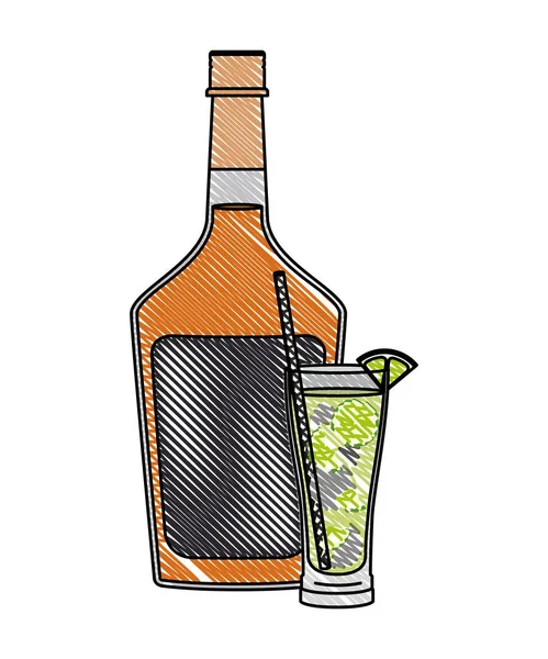 Glas-Cocktail mit Obst und Flasche — Stockvektor