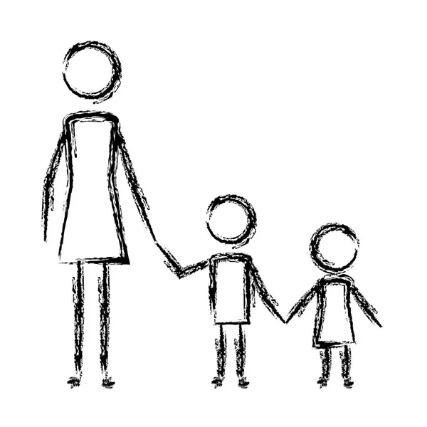 Madre con hijo e hija figuras siluetas — Vector de stock