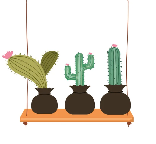 Kaktus dengan pot di rak ikon terisolasi - Stok Vektor