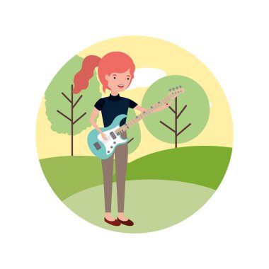 Peyzaj karakterinde elektro gitarlı bir kadın.