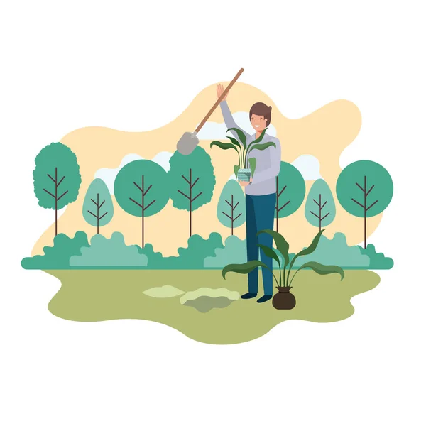 Man with tree to plant in landscape — Stock Vector