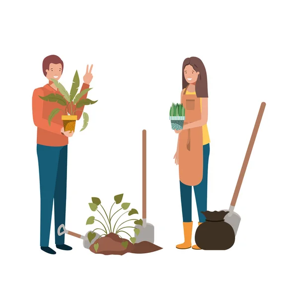 Pareja con árboles para plantar carácter avatar — Archivo Imágenes Vectoriales