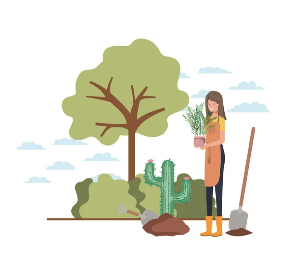 Mulher com árvore para plantar na paisagem — Vetor de Stock